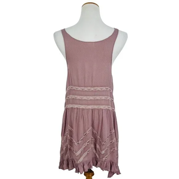 Free People Pink Tiered Ruffle Voile & Lace Mini Slip Dress | Cottagecore Boho M - Picture 8 of 16
